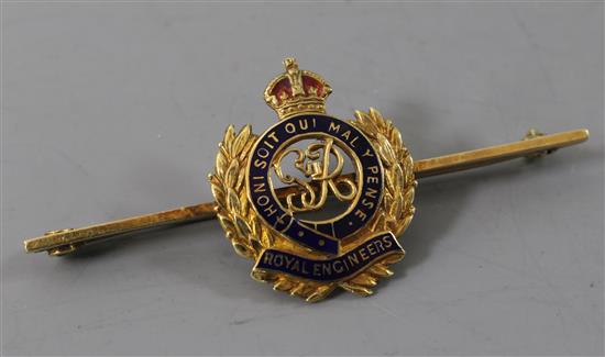 A George VI 15ct gold and enamel Royal Engineers brooch